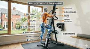 Diagram highlighting the upper and lower body muscles engaged during a home HIIT climbing session.