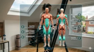 Diagram showing the full-body muscle activation of a vertical climber, highlighting glutes, core, and shoulders.
