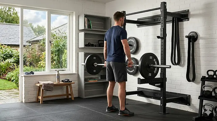A professional-grade wall mounted squat rack installed in a modern British garage gym with natural light and rubber flooring. wall mounted squat rack