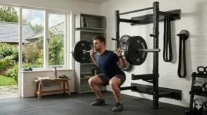 Illustration of the integrated pull-up bar on a wall mounted squat rack, suitable for bodyweight strength training and calisthenics.