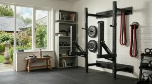 Close-up detail of reinforced safety J-cups on a wall mounted squat rack holding a loaded barbell for safe solo weightlifting.