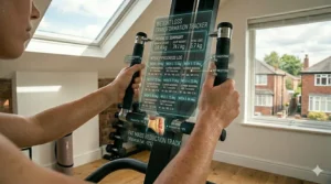 A clean, minimalist graphic for tracking weekly weight loss and fitness milestones using gym equipment.