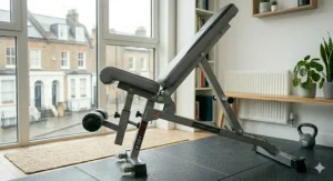 Padded leg support rollers on an ab bench for secure ankle positioning.