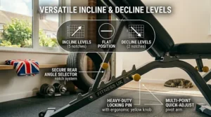 An infographic illustrating the versatile incline and decline levels using the secure rear notch selector system.