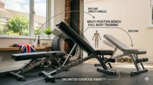 An infographic illustration demonstrating the flat, incline, and decline positions of the adjustable workout bench for full body training.