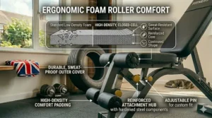 An infographic detailing the ergonomic closed-cell foam comfort rollers with a sweat-resistant surface and durable outer cover.