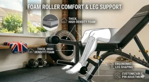An infographic detailing the thick high-density foam padding and ergonomic leg shaping on the adjustable weight bench.