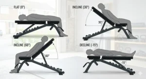A technical diagram illustrating the specific adjustable incline, decline, and flat angles of the Olympic weight bench, showing the range of motion for diverse chest and shoulder exercises.