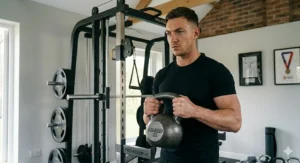 Adjustable safety spotter arms on a home gym power rack combo