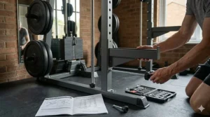 An ergonomic adjustable weight bench positioned correctly within a smith machine for a chest press workout.