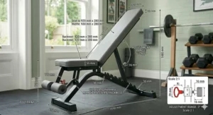 Close-up diagram showing technical footprint dimensions of a compact weight bench on black gym matting.