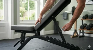 Close-up of the mechanical locking pin adjusting an incline weight bench to a 45-degree angle.