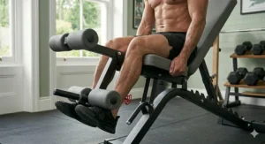 Illustration showing the leg extension and leg curl attachment connected to a versatile adjustable weight bench.