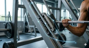 Close-up view of the angled smith machine track, highlighting the natural movement path for safer lifting.