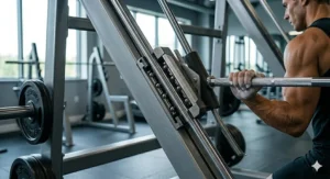Highlighting the ergonomic design of the angled smith machine, tailored for natural body alignment during heavy sets.