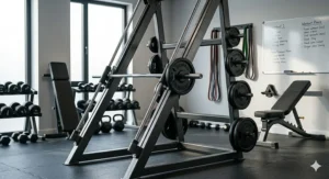 An angled smith machine integrated into a compact home gym space, perfect for versatile strength training.