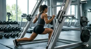 Illustration of various lower-body exercises being performed on a sturdy, commercial-grade angled smith machine.