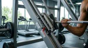 Detailed view of the adjustable safety catches and hooks on a professional angled smith machine.