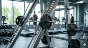 An angled smith machine featuring integrated storage pegs to keep gym plates organised and accessible.