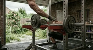 A lifter performing a back squat with safety spotter arms set at the correct depth for emergency exit.