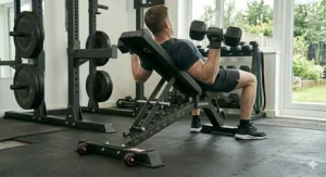 A British fitness enthusiast performing an incline dumbbell chest press on a sturdy FID bench in a well-lit garden-facing home gym.