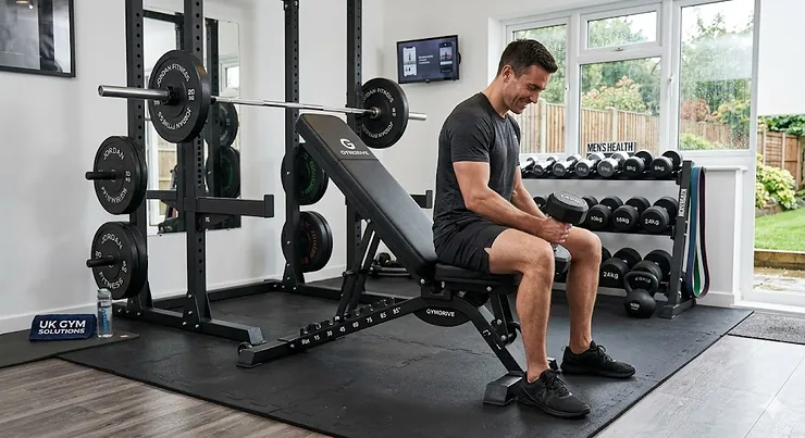A premium adjustable FID bench set up in a modern UK home gym, showcasing flat, incline, and decline positions for weight training. fid bench reviews