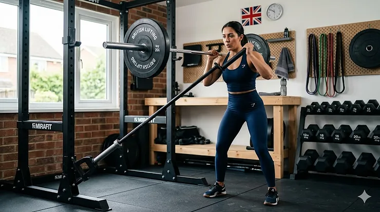 A heavy-duty steel landmine attachment fixed to the base of a black power rack in a British home gym. landmine attachment