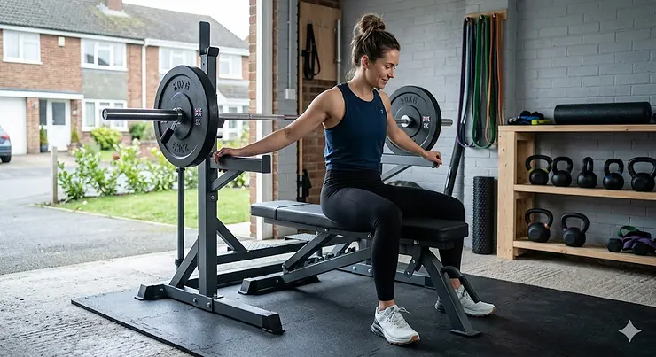 A heavy-duty adjustable Olympic weight bench with a loaded barbell, set up on protective rubber flooring inside a modern British garage gym with a suburban street visible outside. olympic weight bench