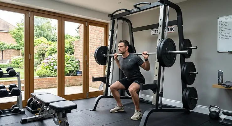 A high-quality Smith machine in a home gym setting, perfect for strength training under £1000. smith machine under £1000