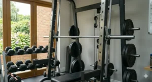 A space-saving Smith machine design ideal for smaller British home gyms.