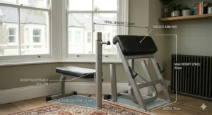 Alt text for image 9: The preacher curl bench disassembled into sections and stacked neatly by a sash window for compact storage in a UK house.