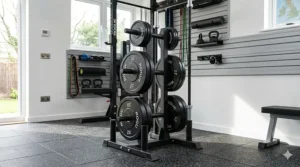 Vertical weight plate storage rack designed to save floor space in a compact UK garage gym.