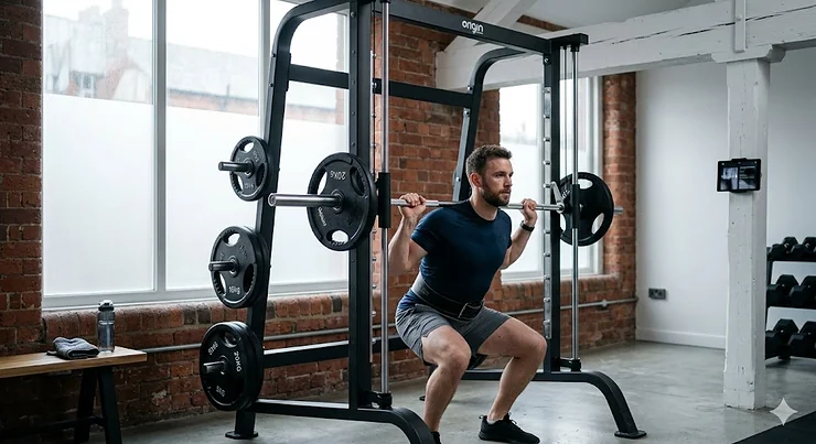 A man performs a squat on a counter balanced smith machine in a sunlit UK home gym. counter balanced smith machine