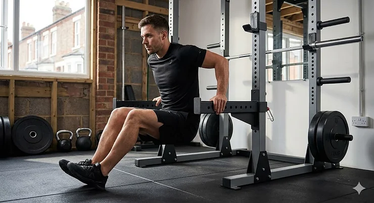 A heavy-duty steel dip attachment for power rack securely fitted to a 60mm upright in a British home gym setup. dip attachment for power rack