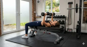 A photorealistic 4K illustration capturing an athlete performing a precise dumbbell chest press on a specific multi-angle adjustable flat bench within a detailed, well-lit UK home garage gym setting.