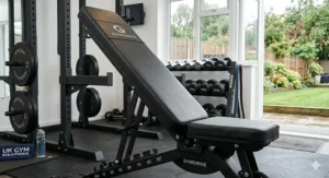 An adjustable FID weight bench set to a steep incline angle inside a bright, modern British home gym overlooking a garden.