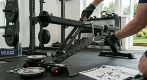 A person assembling an adjustable workout bench on a black rubber gym mat, using a socket wrench with nuts and bolts in a metal tray nearby.