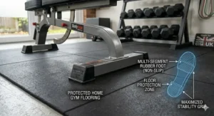 Non-slip rubber feet on a flat bench designed to protect home flooring and provide stability during heavy lifts, with callouts for the "floor protection zone".
