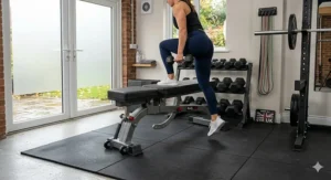 Illustration of a person using a stable flat bench for step-up exercises and lower body conditioning in a home gym environment.