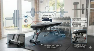 A detailed photorealistic graphic and technical illustration set within a UK garage conversion, explicitly showing the maximum 300kg user and barbell weight capacity with clear labels and schematics.