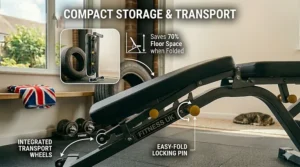 An infographic showcasing the space-saving design, integrated transport wheels, and easy-fold locking pin for compact storage.