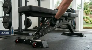 Close-up of a person in weightlifting gloves adjusting the ladder spine mechanism of an FID bench to change the incline angle.
