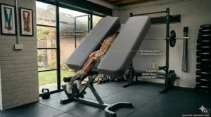 A compact, foldable hyperextension bench neatly stored away in a modern UK garage home gym conversion.