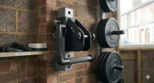 A compact, removable dip attachment for power rack stored neatly on a wall-mounted weight peg in a garage gym.