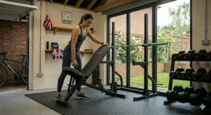 An illustration of a person performing a dumbbell chest press on a sturdy folding workout bench.