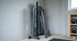 A folding Olympic weight bench, featuring the same design language as the featured image, shown folded vertically against a light grey wall to conserve space in a compact UK home gym.