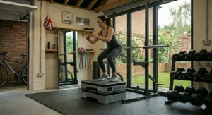 A durable folding weights bench styled inside a classic British single-car garage conversion gym setup.