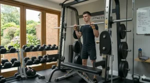 Person performing a squat using a versatile Smith machine, suitable for all fitness levels.