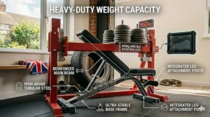 An infographic diagram highlighting the high-grade tubular steel frame and the four hundred and fifty kilogram maximum weight capacity of the adjustable gym bench.