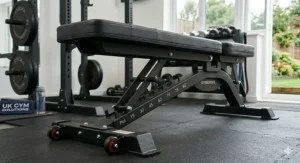 A close-up view of a heavy-duty black FID bench locked into the flat position, highlighting the sturdy frame, transport wheels, and steel adjustment spine.